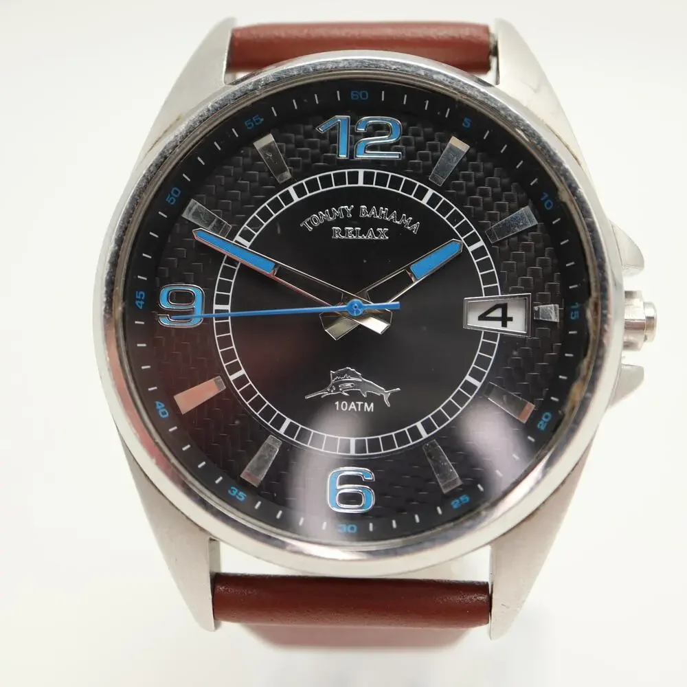 Tommy Bahama Relax Mens 42mm Date Watch Brown Leather Chipped Crystal Works READ